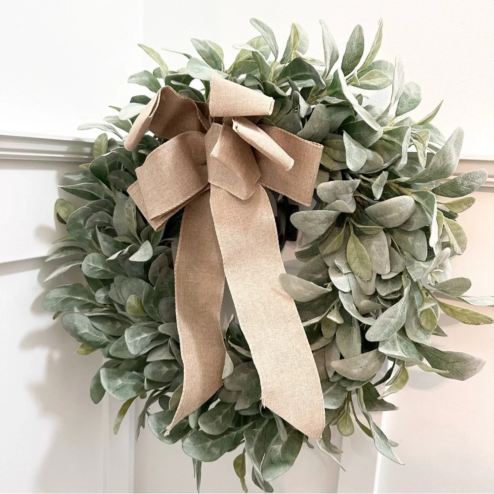 Faux Eucalyptus Lambs Ear Wreath Burlap Bow - Green Soft Silvery Greenery 23”